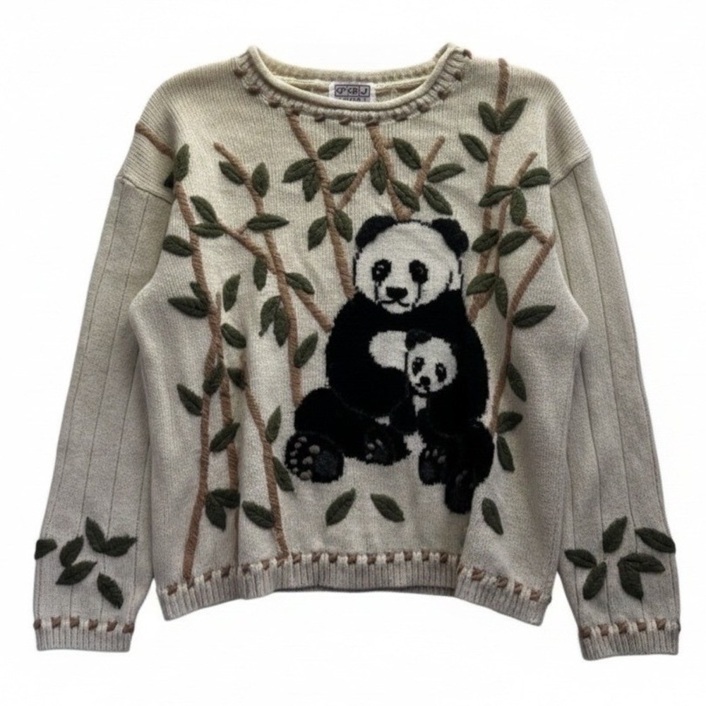 Vintage PBJ Sport Panda Bear Sweater M Ramie Embroidered Bamboo Cottagecore